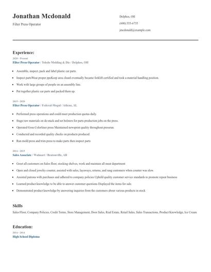 Filter Press Operator Resume