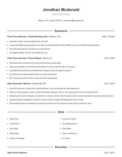 Filter Press Operator Resume