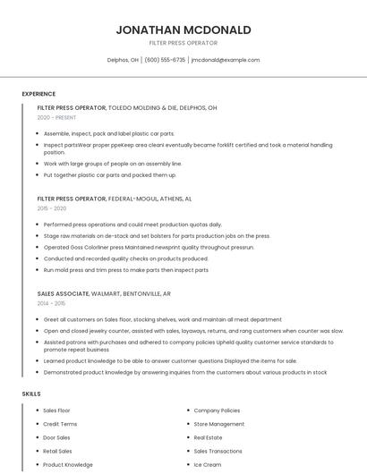 Filter Press Operator Resume