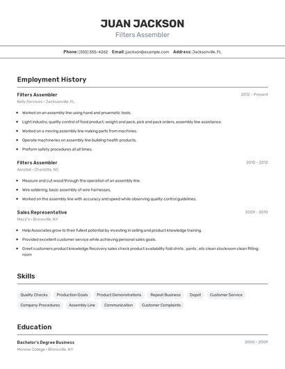 Filters Assembler Resume