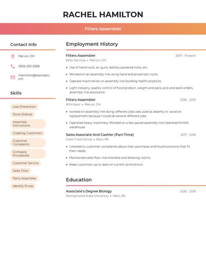 Filters Assembler Resume
