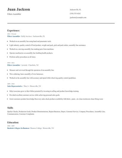 Filters Assembler Resume
