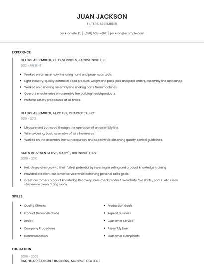 Filters Assembler Resume