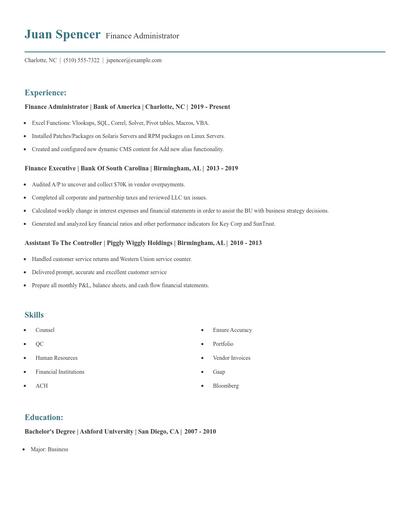 Finance Administrator Resume