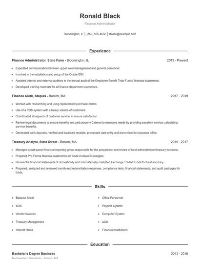 Finance Administrator Resume