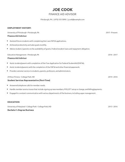 Finance Aid Advisor Resume