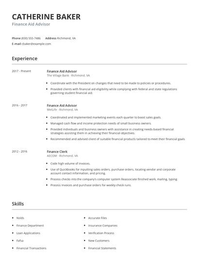 Finance Aid Advisor Resume