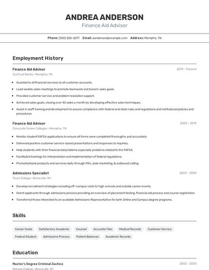 Finance Aid Advisor Resume