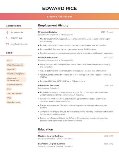 Finance Aid Advisor Resume