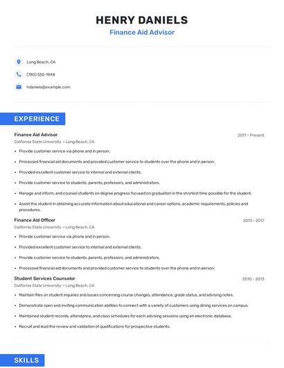 Finance Aid Advisor Resume