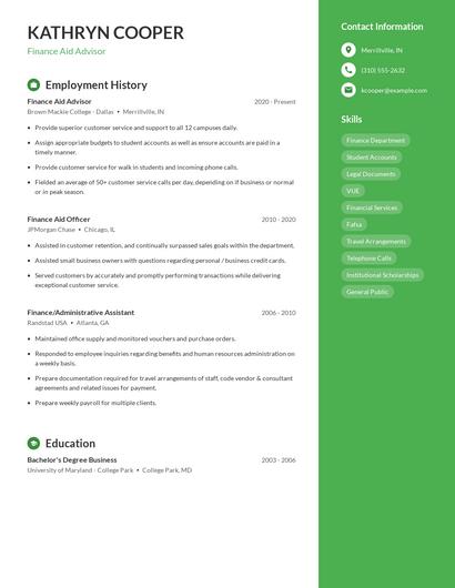 Finance Aid Advisor Resume