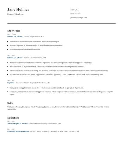 Finance Aid Advisor Resume