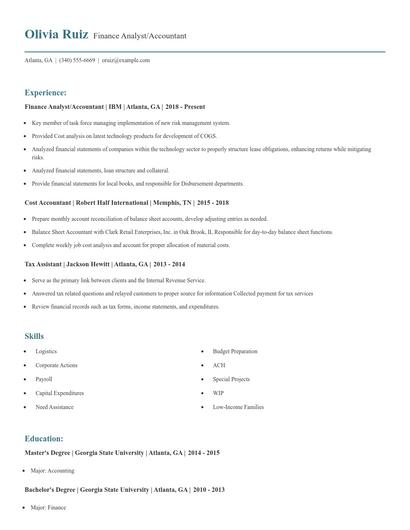 Finance Analyst/Accountant Resume