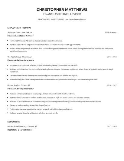 Finance Assistance Advisor Resume