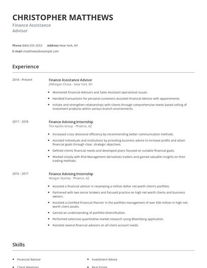 Finance Assistance Advisor Resume