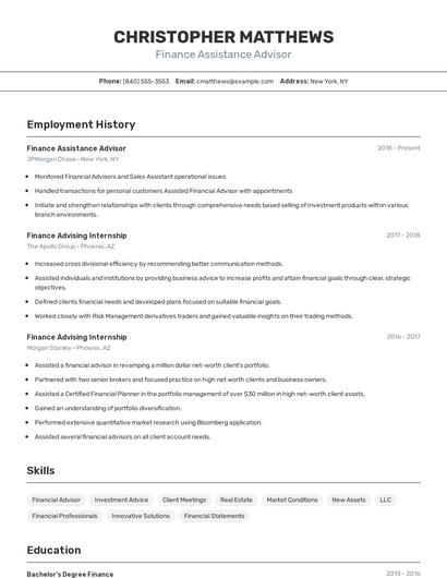 Finance Assistance Advisor Resume