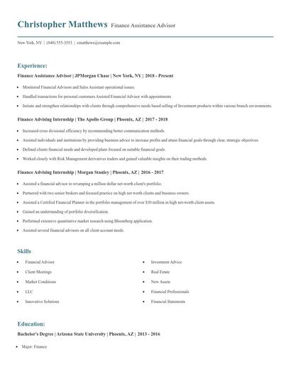 Finance Assistance Advisor Resume