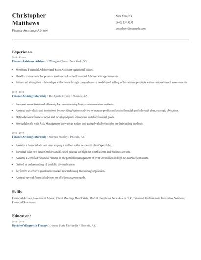 Finance Assistance Advisor Resume