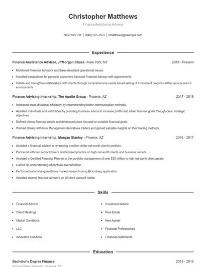 Finance Assistance Advisor Resume