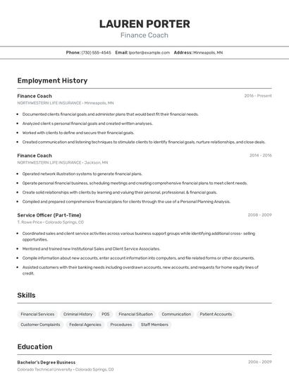 Finance Coach Resume