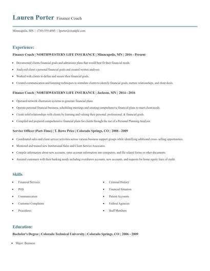 Finance Coach Resume