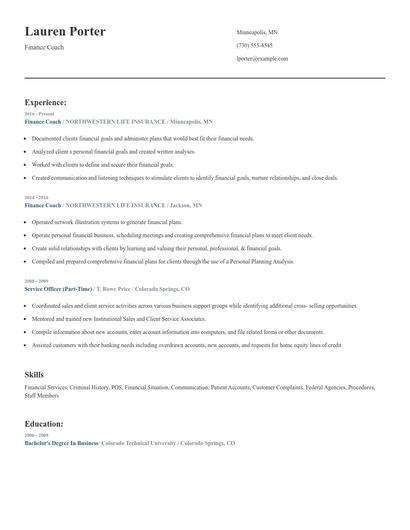 Finance Coach Resume