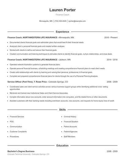 Finance Coach Resume