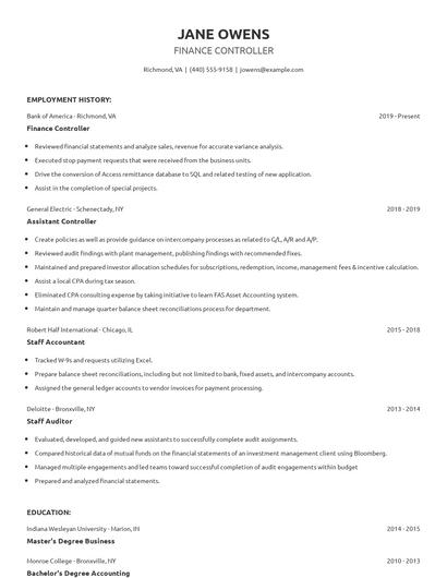 Finance Controller Resume