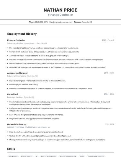 Finance Controller Resume
