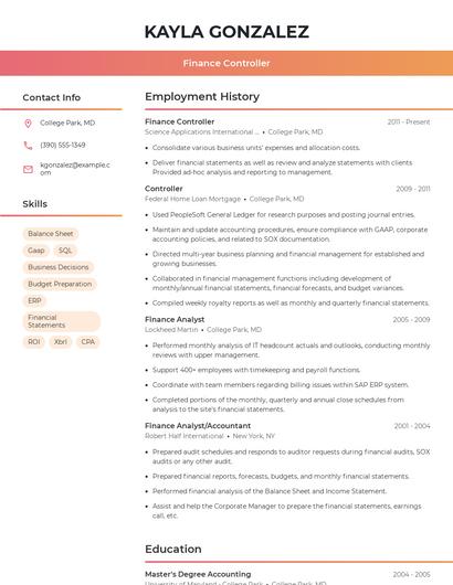 Finance Controller Resume