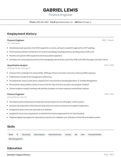 Finance Engineer Resume