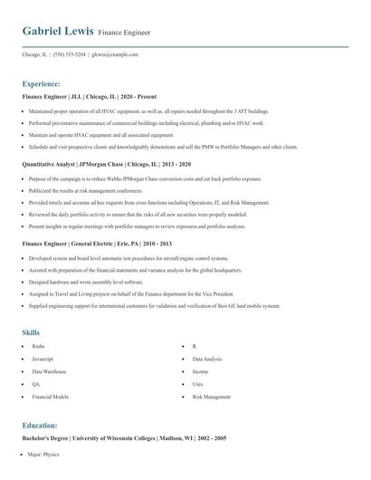 Finance Engineer Resume