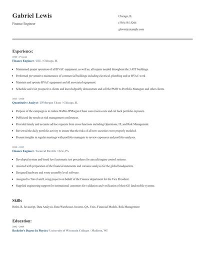 Finance Engineer Resume