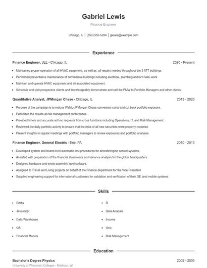 Finance Engineer Resume
