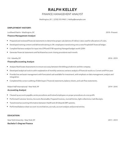 Finance Management Analyst Resume