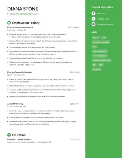 Finance Management Analyst Resume