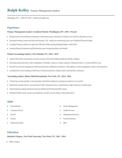 Finance Management Analyst Resume