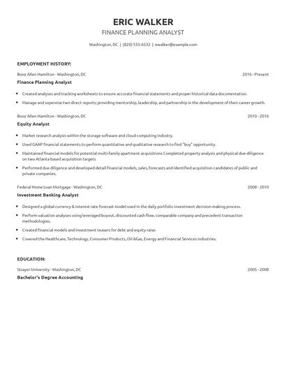 Finance Planning Analyst Resume