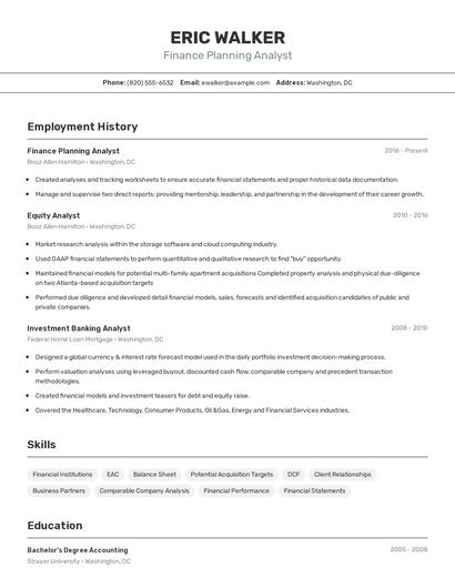 Finance Planning Analyst Resume