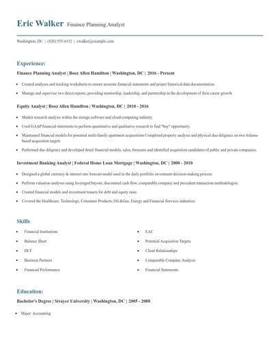 Finance Planning Analyst Resume