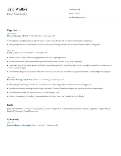 Finance Planning Analyst Resume