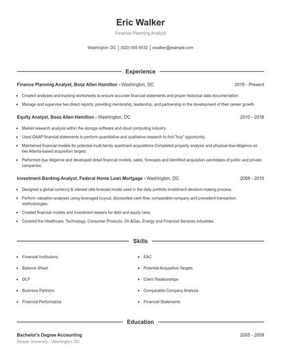 Finance Planning Analyst Resume