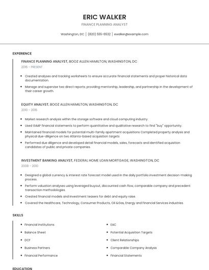 Finance Planning Analyst Resume