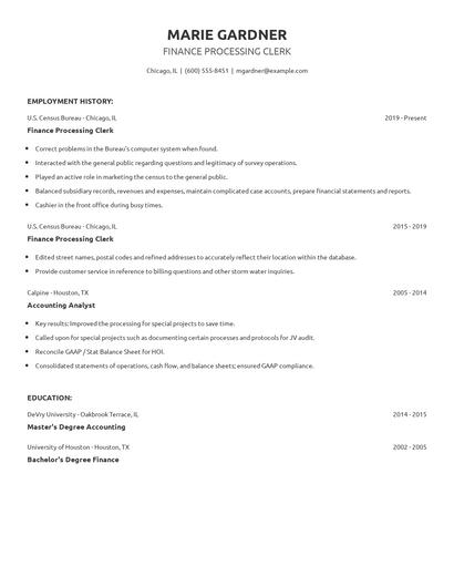 Finance Processing Clerk Resume