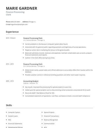 Finance Processing Clerk Resume