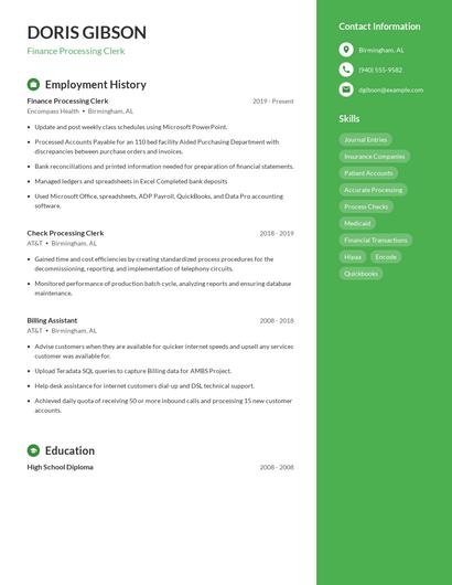 Finance Processing Clerk Resume