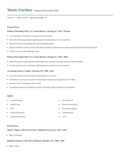 Finance Processing Clerk Resume