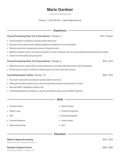 Finance Processing Clerk Resume