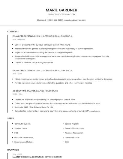 Finance Processing Clerk Resume