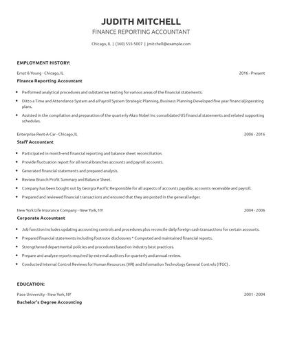 Finance Reporting Accountant Resume